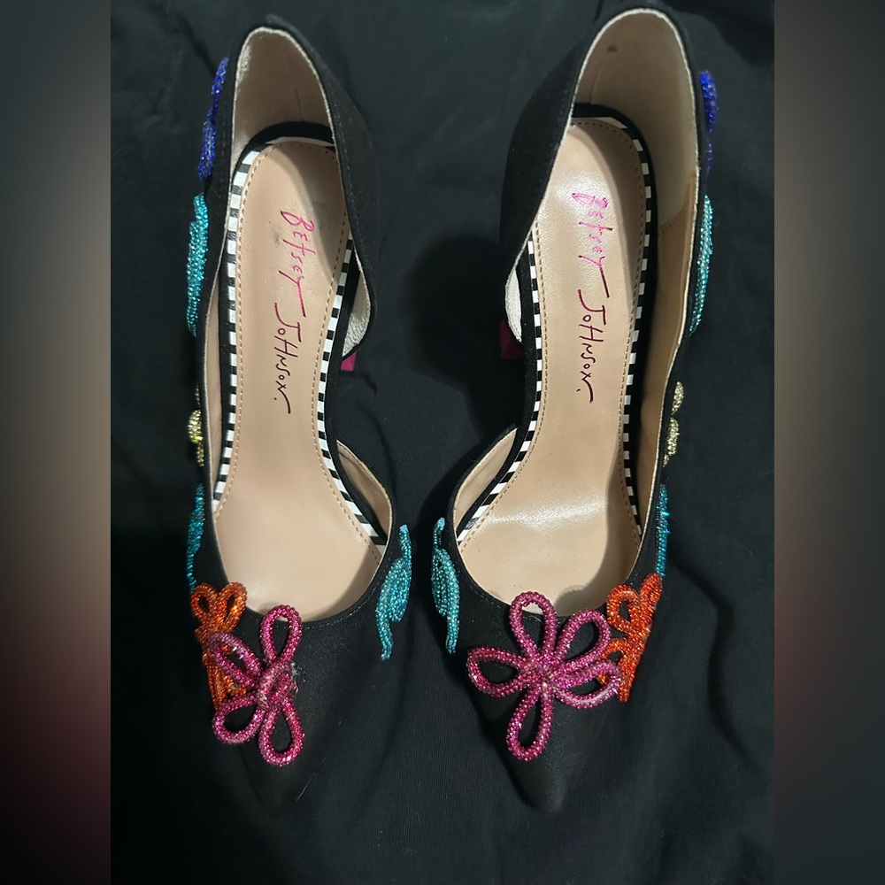 Betsey Johnson Black Heels with Colorful Floral Accents